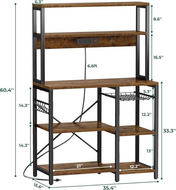 SUPERJARE Bakers Rack with Power Outlet, 35.4 Inches Coffee Bar with Wire Basket, Kitchen Microwave Stand with 6 S-Shaped Hooks, Open Storage Shelves, Rustic Brown - Image 6