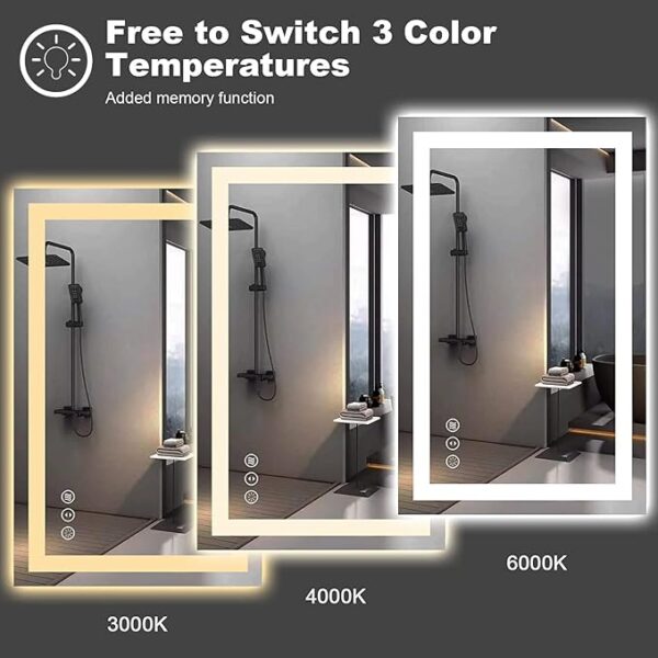 Amorho LED Bathroom Mirror 55''x 36'' with Front and Backlight, Large Dimmable Wall Mirrors with Anti-Fog, Shatter-Proof, Memory, 3 Colors, Double LED Vanity Mirror - Image 4