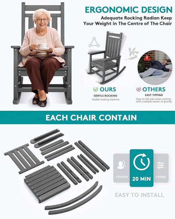 SERWALL Outdoor Rocking Chair Set of 2, HDPE Rocking Chairs for Adult, All Weather Porch Rockers for Lawn Garden, Grey - Image 3