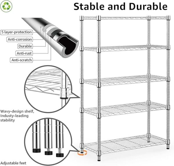 MZG 1250 lbs Steel Heavy Duty 5-Tier Utility Shelving Unit Steel Organizer Wire Rack for Home,Kitchen,Office,Chrome (13.7" D x 23.6" W x 62.4" H) - Image 3
