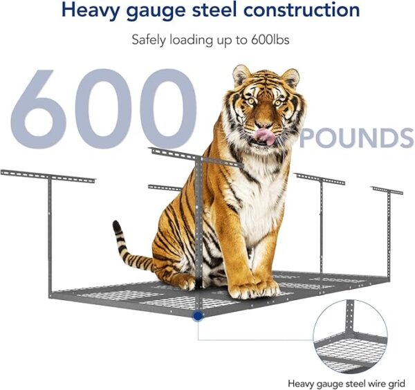FLEXIMOUNTS 4x8 Overhead Garage Storage Rack, Adjustable Garage Storage Organization Systerm, Heavy Duty Metal Garage Ceiling Storage Racks, 600lbs Weight Capacity, Hammertone - Image 3