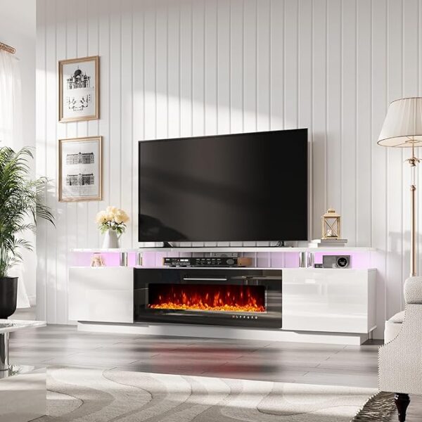 AMERLIFE Fireplace TV Stand with 40" Fireplace, 80" Modern High Gloss Fireplace Entertainment Center LED Lights, 2 Tier TV Console Cabinet for TVs Up to 90", Ivory White