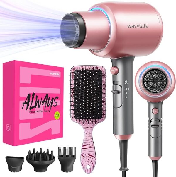 Wavytalk Ionic Hair Dryer Blow Dryer with Diffuser Concentrator Nozzles Comb and Brush Negative Ions with Ceramic Technology as Salon Light and Quiet 1875W for All Hair Types