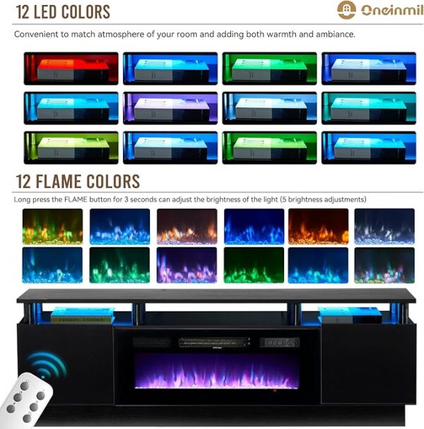 oneinmil 70" Modern Electric Fireplace TV Stand for TVs Up to 80 inch, with Electronic Flame and LED Lights, Luxury High Gloss Finish Entertainment Center, TV Console Cabinet for Living Room, Black - Image 5