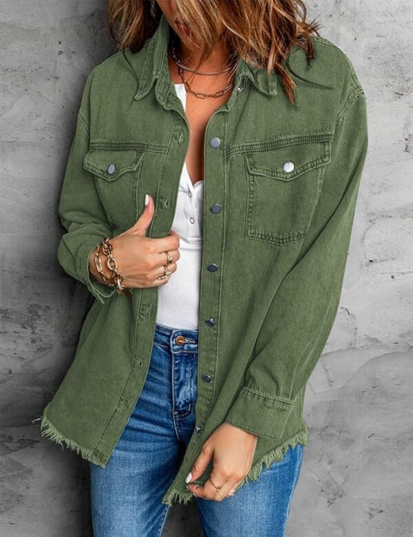 Vetinee Women’s Oversized Button Up Frayed Hem Shacket Long Sleeve Pockets Denim Jean Jacket - Image 3