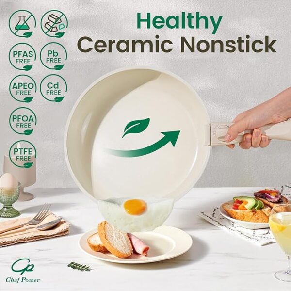 Ceramic Cookware Set Non Toxic with Detachable Handles, Healthy Nonstick Pans and Pots Set 19 Pcs, Induction Dishwasher Oven Safe Kitchen Set, PFAS PFOA & PTFE Free, Cream White - Image 5