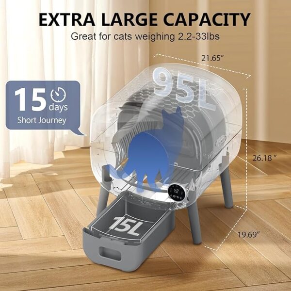 Self Cleaning Litter Box, 95 L Automatic Cat Litter Box Self Cleaning for Multiple Cats, with Safety Protection, App Control,1 Roll Garbage Bags,White & Grey - Image 2