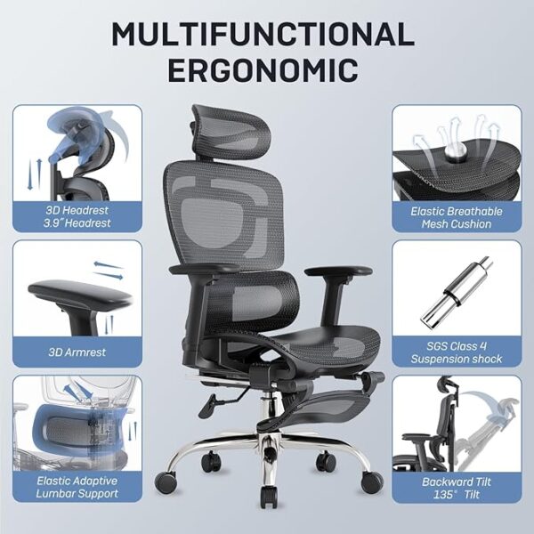 Ergonomic Office Chair, Breathable Mesh with Adaptive Lumbar Support, 3D Headrest, Armrests, Retractable Footrest, and a Six-Position Adjustable Backrest, Black - Image 6