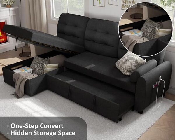 Ucloveria Sectional Sofa Couch, 87" Sleeper Sofa Bed with Reversible Storage Chaise Pull Out Couch for Living Room | Side Pocket | Charging Station | Removable Backrest | Linen Fabric, Black - Image 2