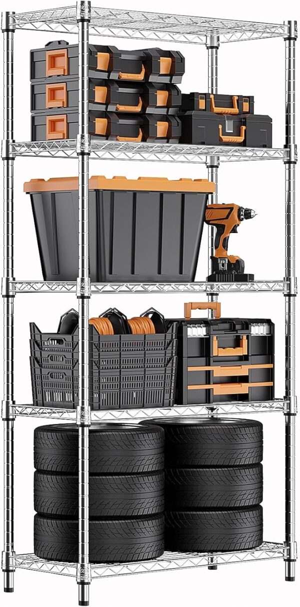 MZG 1250 lbs Steel Heavy Duty 5-Tier Utility Shelving Unit Steel Organizer Wire Rack for Home,Kitchen,Office,Chrome (13.7" D x 23.6" W x 62.4" H)