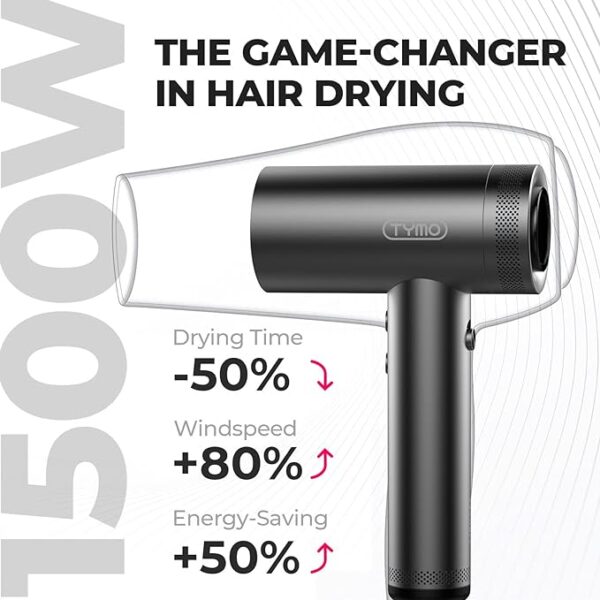 TYMO Hair Dryer with Diffuser for Curly Hair, 1500W Professional High Speed Blow Dryer with Comb, 110,000RPM Fast Dry Ionic Hair Dryer, 4 Temps & 3 Speeds, with 8 Ft Cord Metal Gray - Image 3