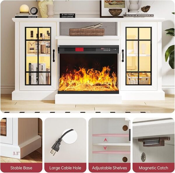 oneinmil 59'' Fireplace TV Stand, 3 Sided Glass Media Entertainment Center Console Table for TVs up to 65'' with Glass Door Adjustable Flame LED Color for Living Room, Set of TV Table, White - Image 3