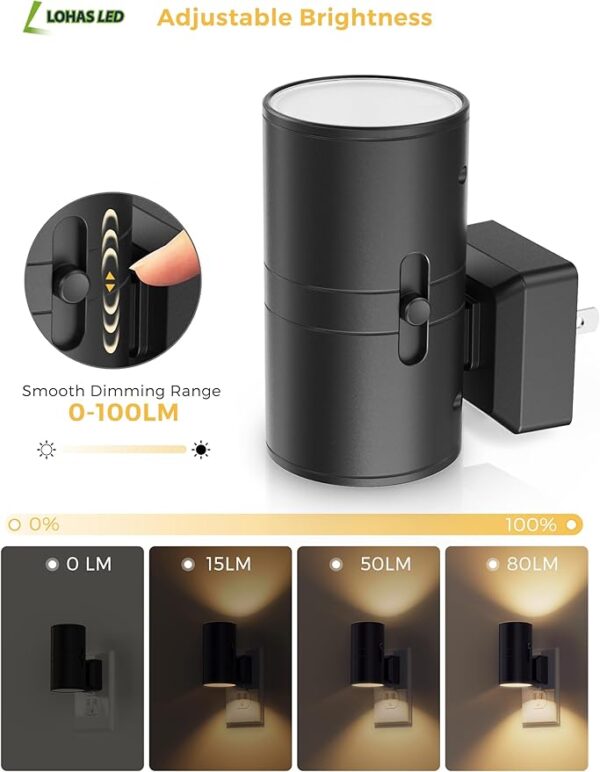 L LOHAS LED Night Light Plug in, Modern Night Lights Plug into Wall, Dusk to Dawn Sensor, Soft White 3000K, 0-100LM Adjustable Brightness, Dimmable Night Lights for Hallway Bedroom Stairway, 2 Pack - Image 4