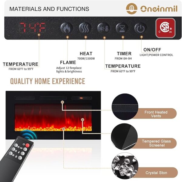 oneinmil Fireplace TV Stand with 36" Electric Fireplace, LED Light Entertainment Center, Modern Wood Texture Entertainment Stand with Highlight Storage Cabinet for TVs Up to 80", 70 inches, Black - Image 2