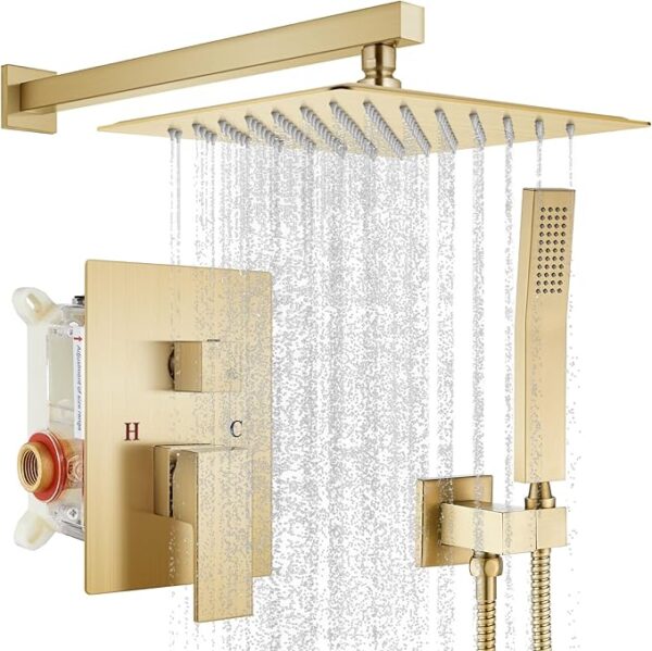 gotonovo Rainfall Bathroom Shower System Rain Shower Head and Handle Set Wall Mounted Shower Complete Combo Solid Brass Pressure Balancing Shower Mixer Valve 12 Inch Brushed Gold