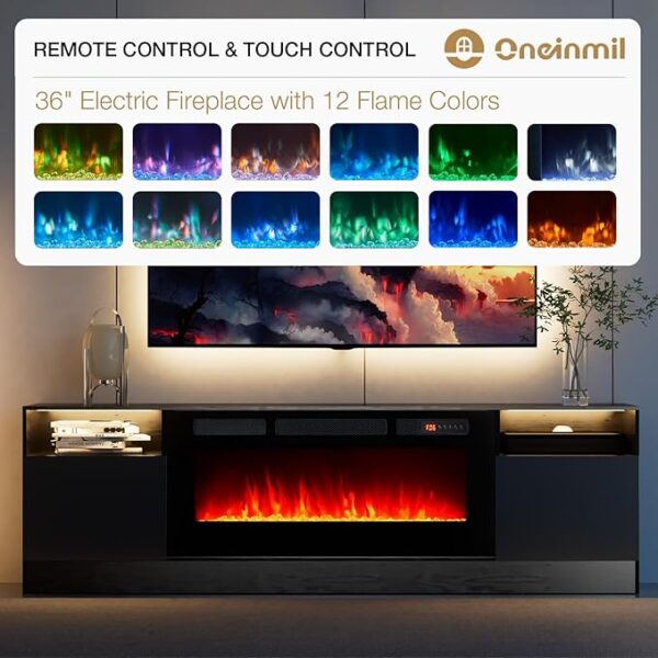 oneinmil Fireplace TV Stand with 36" Electric Fireplace, LED Light Entertainment Center, Modern Wood Texture Entertainment Stand with Highlight Storage Cabinet for TVs Up to 80", 70 inches, Black - Image 5