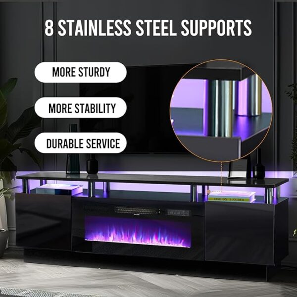 oneinmil 70" Modern Electric Fireplace TV Stand for TVs Up to 80 inch, with Electronic Flame and LED Lights, Luxury High Gloss Finish Entertainment Center, TV Console Cabinet for Living Room, Black - Image 3