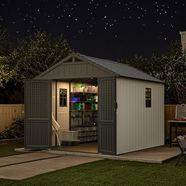Patiowell 8 x 10 FT Resin Outdoor Storage Shed with Floor and Light, Large Plastic Shed with Lockable Door for Garden Tools, Backyard, Bike Storage, Easy Installation in Beige (Kick-it Shed)