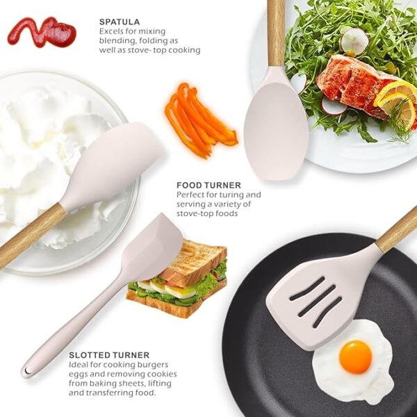 Silicone Cooking Utensils Set - 446°F Heat Resistant Silicone Kitchen Utensils for Cooking,Kitchen Utensil Spatula Set w Wooden Handles and Holder, BPA FREE Gadgets for Non-Stick Cookware (Khaki) - Image 3