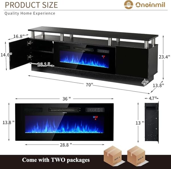 oneinmil 70" Modern Electric Fireplace TV Stand for TVs Up to 80 inch, with Electronic Flame and LED Lights, Luxury High Gloss Finish Entertainment Center, TV Console Cabinet for Living Room, Black - Image 4
