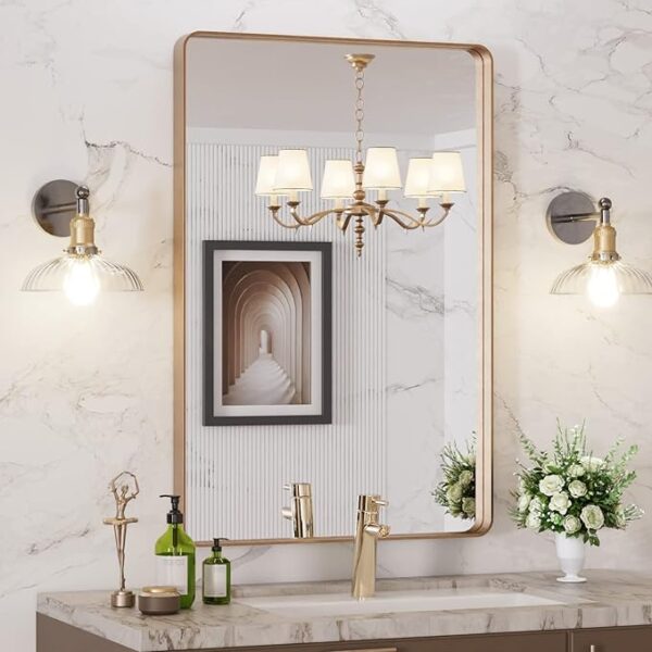 LOAAO 24”X36” Gold Bathroom Mirror, Rounded Rectangle Gold Frame Mirror, Brushed Gold Bathroom Vanity Mirror Wall-Mounted, Anti-Rust, Tempered Glass, Hangs Horizontally or Vertically - Image 4