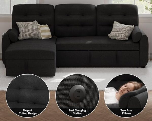 Ucloveria Sectional Sofa Couch, 87" Sleeper Sofa Bed with Reversible Storage Chaise Pull Out Couch for Living Room | Side Pocket | Charging Station | Removable Backrest | Linen Fabric, Black - Image 5
