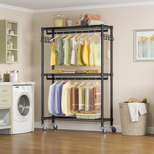 VIPEK R2 Plus Heavy Duty Rolling Garment Rack 3 Tiers Adjustable Wire Shelving Clothes Rack with Double Rods and Side Hooks, Freestanding Wardrobe Storage Rack Metal Clothing Rack, Black - Image 2