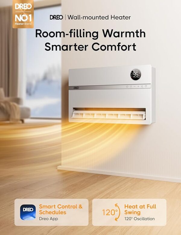 Dreo Smart Wall Heater, Electric Space Heater for Bedroom 1500W, 120° Vertical Oscillation, Adjustable Thermostat, Remote Control, 24H Timer, Easy-Mount Heater for Indoor Use, Works with Alexa, WH719S - Image 6