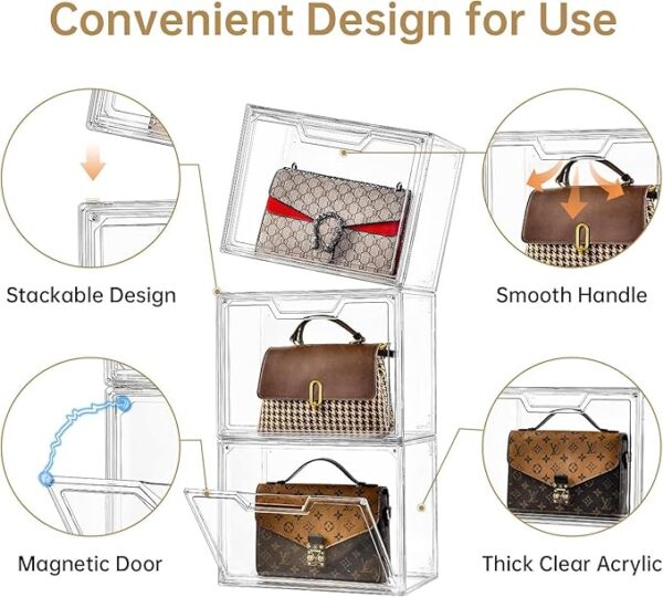Purse Organizer for Closet,Clear Acrylic Display Case for Handbag Organizer, Purse Storage Box with Magnetic Door, Plastic Storage Bins for Book, Collectibles, Cosmetic (5 Pack) - Image 3