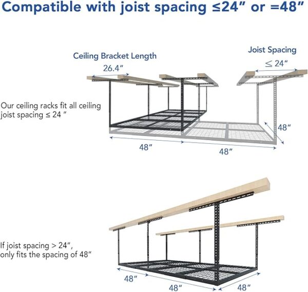 FLEXIMOUNTS 4x8 Overhead Garage Storage Rack, Adjustable Garage Storage Organization Systerm, Heavy Duty Metal Garage Ceiling Storage Racks, 600lbs Weight Capacity, Hammertone - Image 5