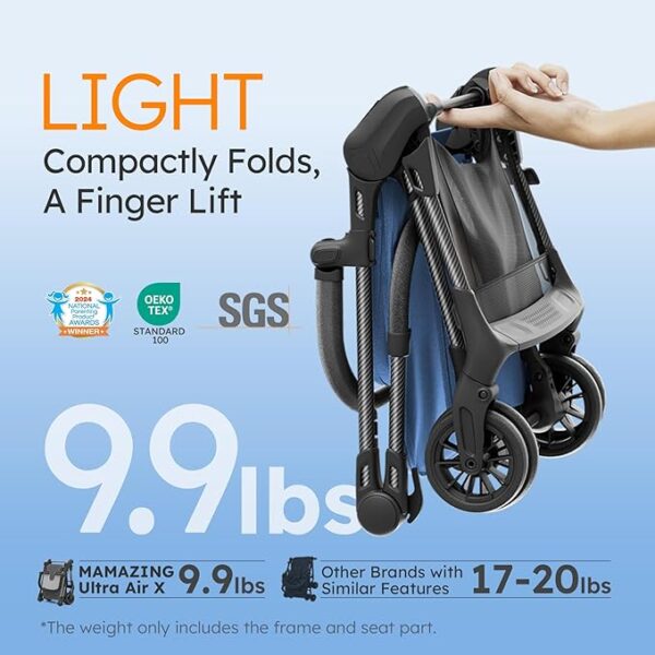 Lightweight Baby Strollers for Airplane, Ultra-Compact Travel Stroller, Light & Strong Portable Toddler Stroller with Carbon Fiber Frame and UPF 50+ Waterproof Fabric, Only 9.9 lbs, Blue - Image 6