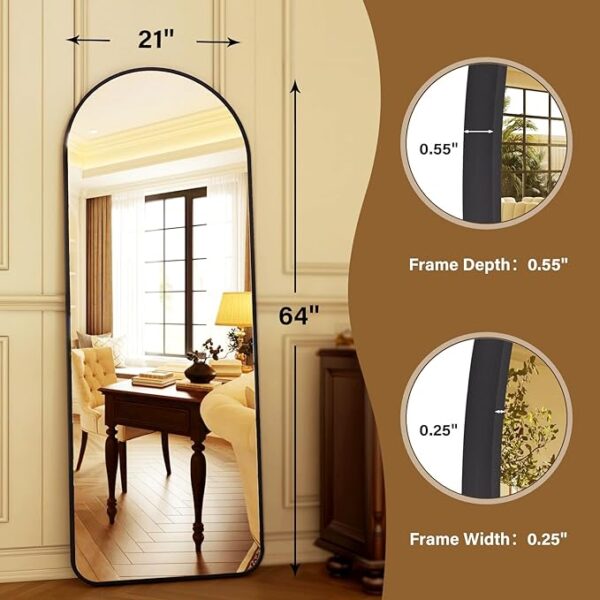 HARRITPURE 64"x21" Arched Full Length Mirror Floor Mirrors with Aluminum Alloy Frame Free-Standing Wall Mounted or Leaning Large Bedroom Dressing Mirror Modern & Contemporary Decor for Home,Black - Image 3