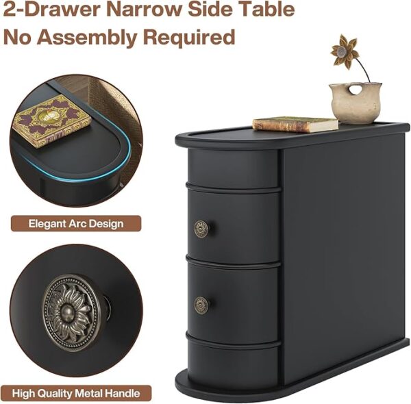 Tribesigns Wood End Table Set of 2, Narrow Solid Side Table 2-Drawer Slim Chair Side Table, No Assembly Required, Finished Back, Black - Image 5