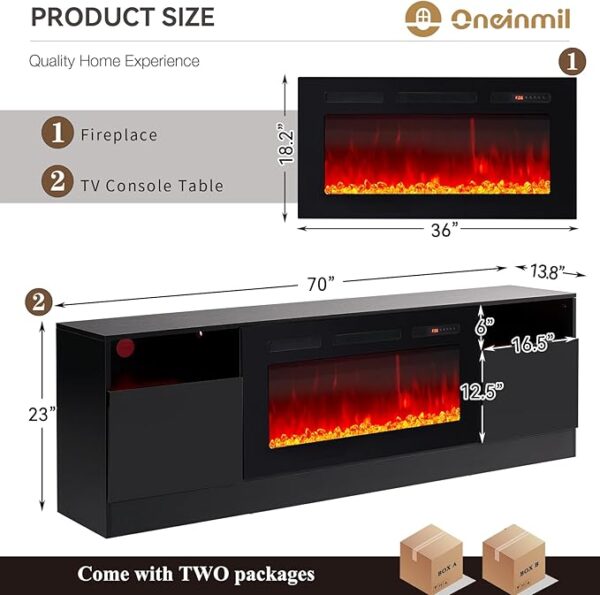 oneinmil Fireplace TV Stand with 36" Electric Fireplace, LED Light Entertainment Center, Modern Wood Texture Entertainment Stand with Highlight Storage Cabinet for TVs Up to 80", 70 inches, Black - Image 4