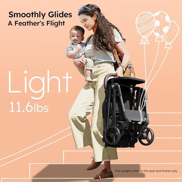 Baby Stroller with Organizer & Cushion, Mom’s Choice Gold Award Winner, Ultra Compact & Airplane-Friendly Travel Stroller, One-Handed Folding Stroller for Toddler, Only 11.5 lbs, Black - Image 3