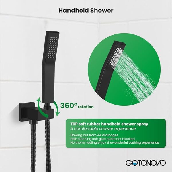 gotonovo Rainfall Bathroom Shower System Rain Shower Head and Handle Set Wall Mounted Shower Complete Combo Solid Brass Pressure Balancing Shower Mixer Valve 12 Inch Matte Black - Image 2