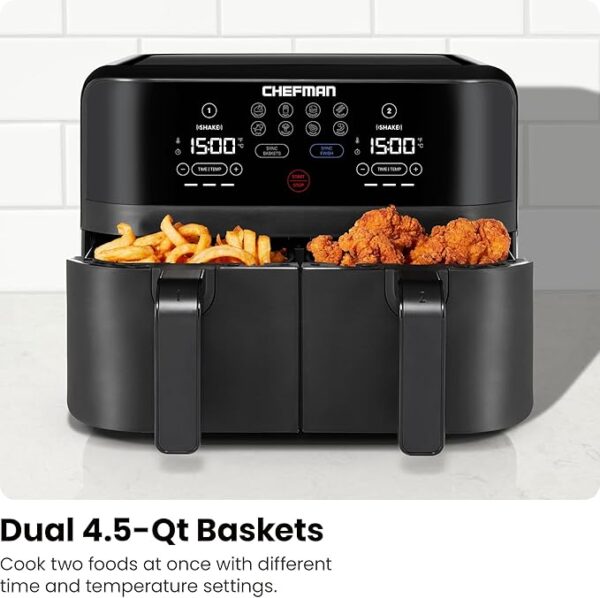 Chefman TurboFry Touch Dual Air Fryer, Maximize The Healthiest Meals With Double Basket Capacity, One-Touch Digital Controls And Shake Reminder For The Perfect Crispy And Low-Calorie Finish - Image 6
