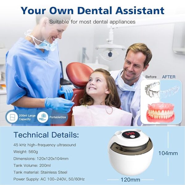 45kHz Ultrasonic Retainer Cleaner Machine, 200ML Denture Cleaner, 4 Modes with Digital Timer Mouth Guard Cleaner for Aligner, Night guard, Braces, Toothbrush, Jewelry and More (White) - Image 6