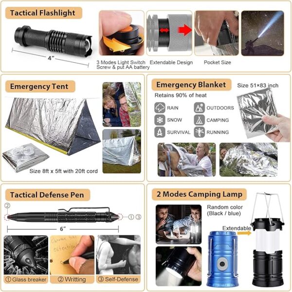 Survival Kit, 250Pcs Survival Gear First Aid Kit with Molle System Compatible Bag and Emergency Tent, Emergency Kit for Earthquake, Outdoor Adventure, Hiking, Hunting, Gifts for Men Women - Image 2