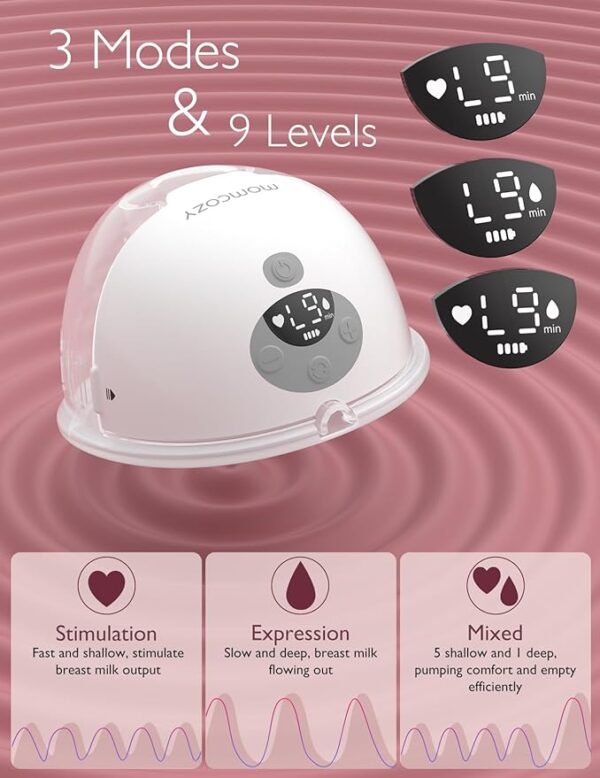 Momcozy Breast Pump Hands Free M5, Wearable Breast Pump of Baby Mouth Double-Sealed Flange with 3 Modes & 9 Levels, Electric Breast Pump Portable - 24mm, 2 Pack Quill Gray - Image 6