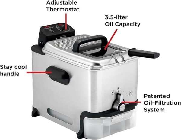 T-fal 3.5L Deep Fryer with Oil Filtration System: 1700W Stainless Steel Fryer, Dishwasher Safe Parts, Digital Timer, Adjustable Temperature Control for Perfect Golden Crispy Results - Image 2