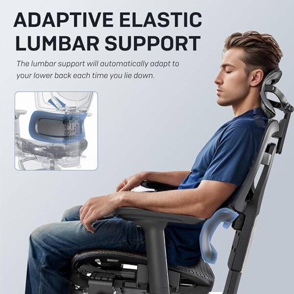 Ergonomic Office Chair, Breathable Mesh with Adaptive Lumbar Support, 3D Headrest, Armrests, Retractable Footrest, and a Six-Position Adjustable Backrest, Black - Image 5
