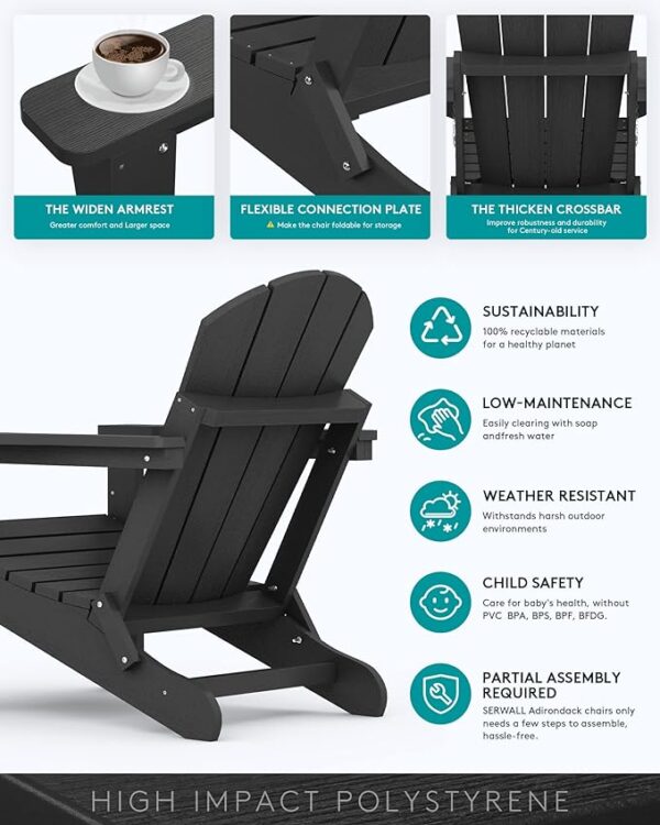 SERWALL Folding Adirondack Chairs Patio Chairs Lawn Chair Outdoor Weather Resistant for Patio Garden, Backyard Deck, Fire Pit - Black - Image 4