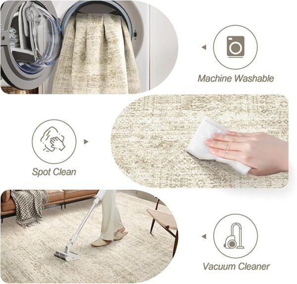 Washable Area Rug 8x10, Large Soft Rugs for Living Room Vintage Beige Rug 8x10 Area Rugs for Bedroom Dining Room Non-Slip Stain Resistant Under Table Rug - Image 2