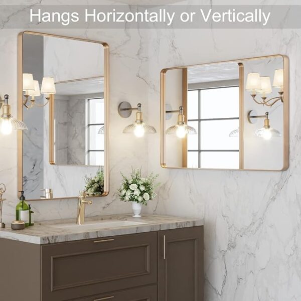 LOAAO 24”X36” Gold Bathroom Mirror, Rounded Rectangle Gold Frame Mirror, Brushed Gold Bathroom Vanity Mirror Wall-Mounted, Anti-Rust, Tempered Glass, Hangs Horizontally or Vertically - Image 5