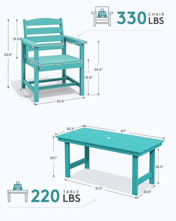 SERWALL 7-Piece Patio Dining Table Sets, Outdoor HDPE Dining Furniture Set with Umbrella Hole Cut-Out Table and 6 Chairs, All Weather Dining Set for Lawn, Garden, Backyard, Poolside, Aruba - Image 2