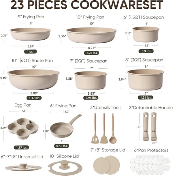CAROTE 23pcs Detachable Handle Pots and Pans Set, Nonstick Cookware Set, Removable Handle Pots and Pans Non Stick, RV Oven Safe Cookware, Induction Kitchen Set, Taupe, Dishwasher Safe - Image 3