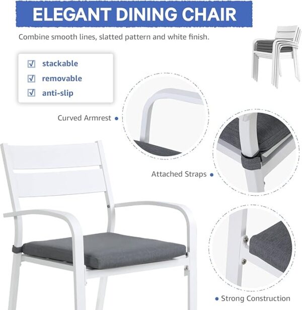Soleil Jardin 7-Piece Outdoor Patio Dining Set, 35" - 71" Aluminum Expandable Outdoor Dining Table Set for 6, 6 Stackable Chairs with Gray Removable Cushions, White - Image 6