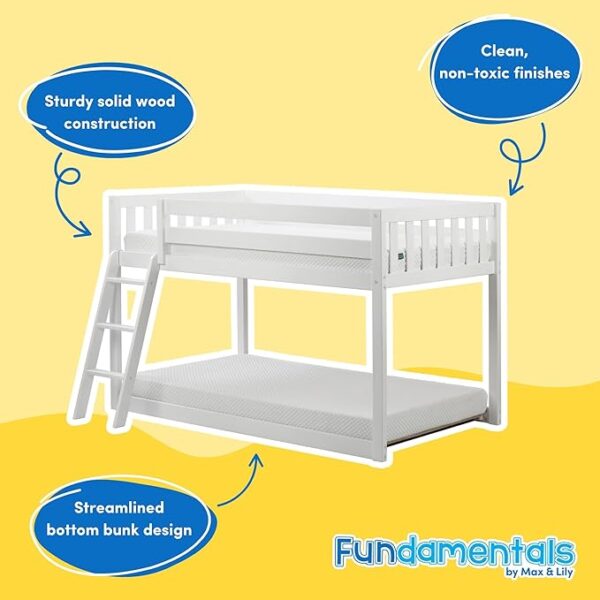 Max & Lily Greenguard Gold Certified Low Bunk Bed, Fundamentals Collection Solid Wood Modern Bunk Bed Frame for Kids, Strong Wooden Slats, Non-Toxic Finishes, High Weight Capacity, White - Image 2