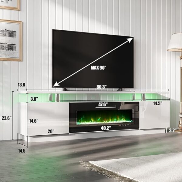 AMERLIFE Fireplace TV Stand with 40" Fireplace, 80" Modern High Gloss Fireplace Entertainment Center LED Lights, 2 Tier TV Console Cabinet for TVs Up to 90", Ivory White - Image 4